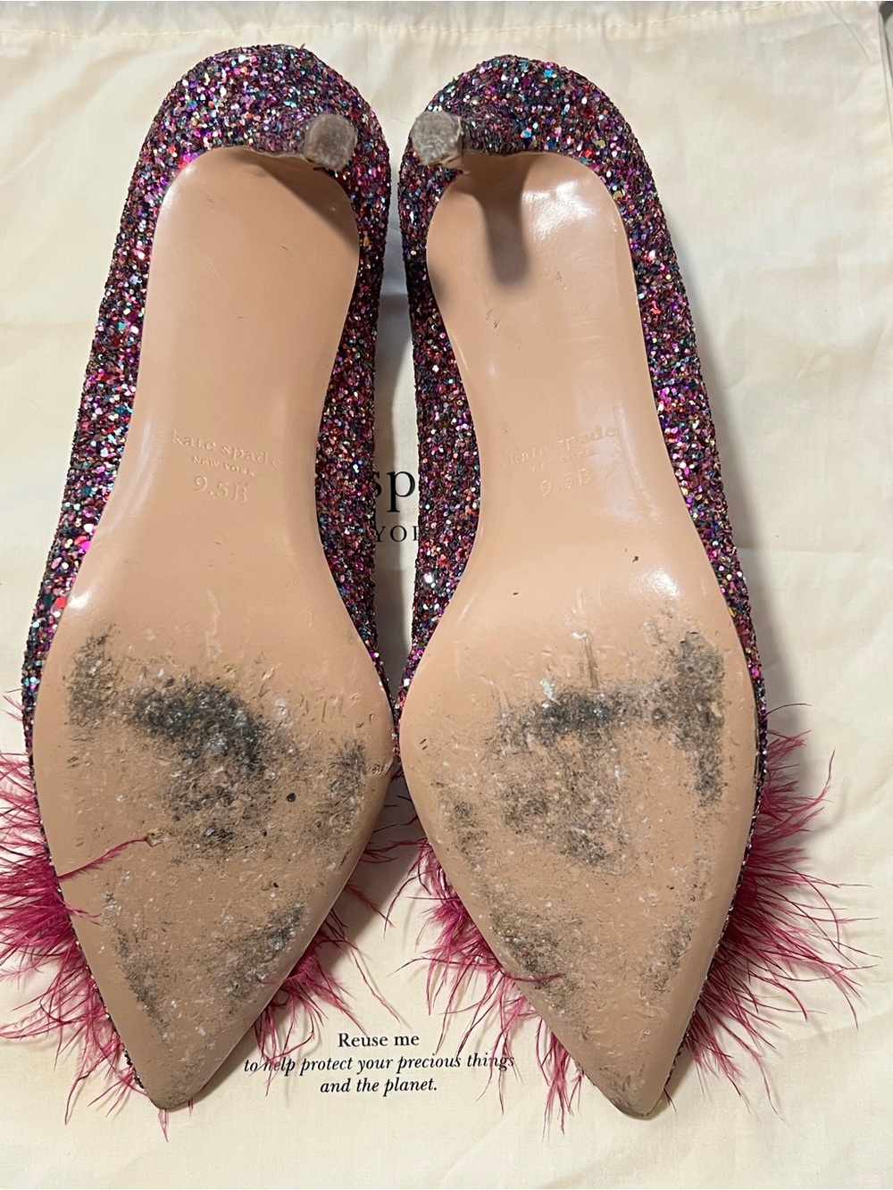 Kate Spade Marabou Glitter Dress Heels Fuchsia Feather Puff Statement Pumps 9.5 - Picture 9 of 12
